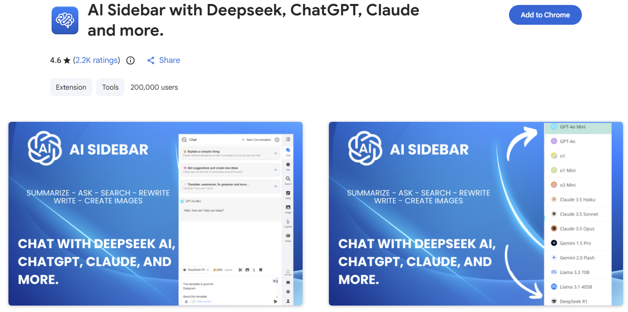 Chrome Web Storeに再掲載された「AI Sidebar with DeepSeek AI」のページ（出典: Netskope）