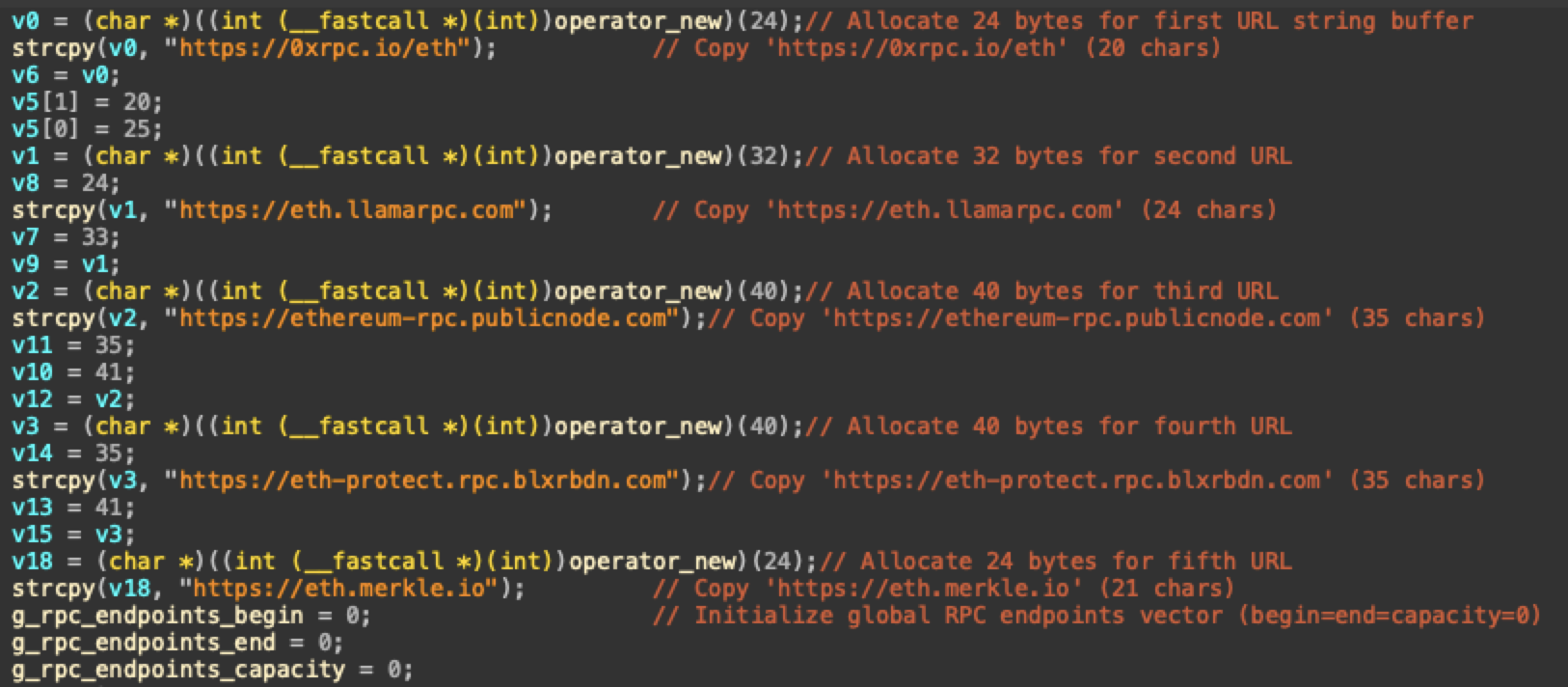 Kimwolf v7のバイナリにハードコードされた5つのイーサリアムRPCエンドポイントのスクリーンショット（出典: Unit 42）