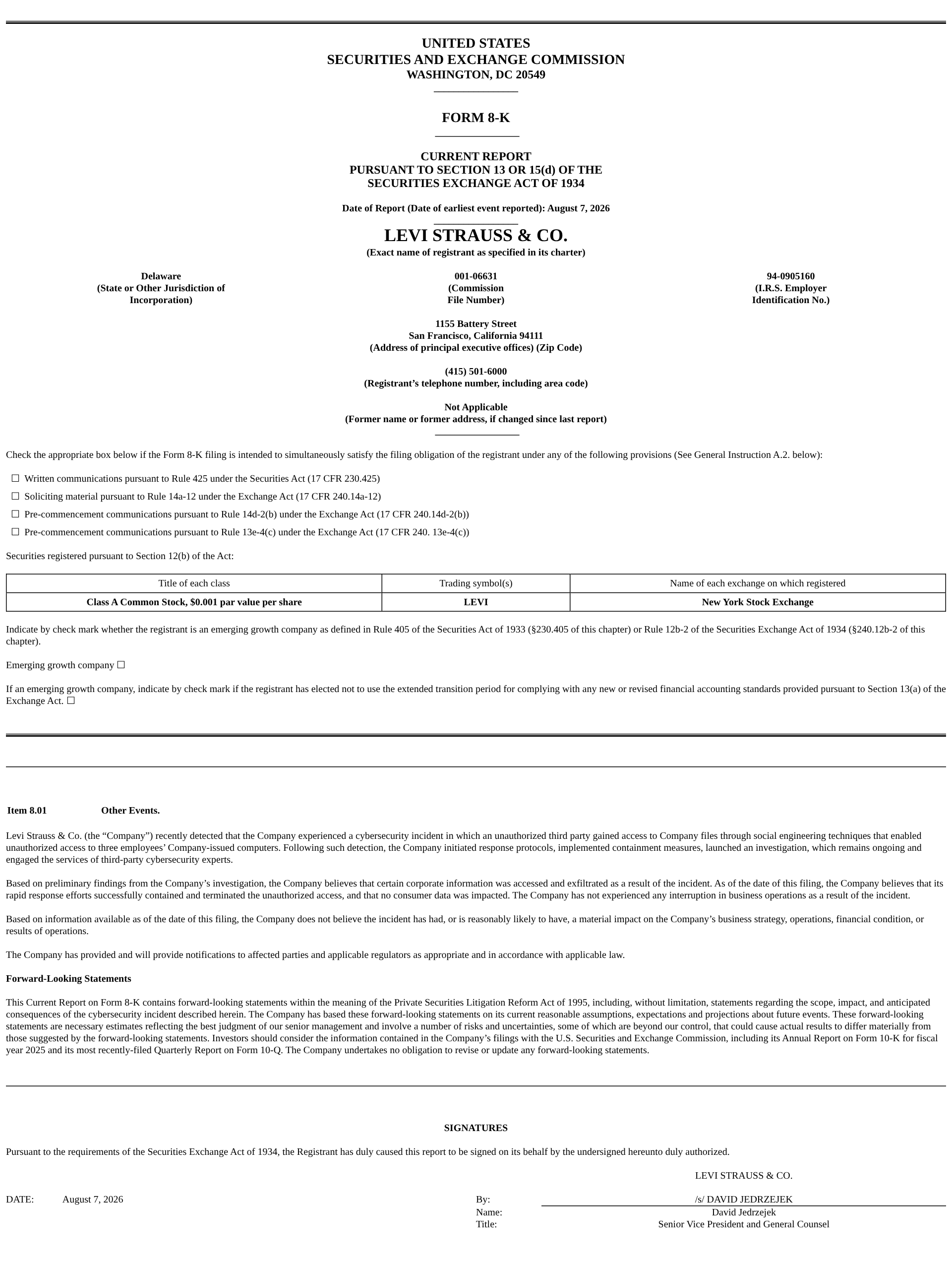 Levi Strauss & Co.のForm 8-K（SEC提出書類、2026年8月7日付）の冒頭部分
