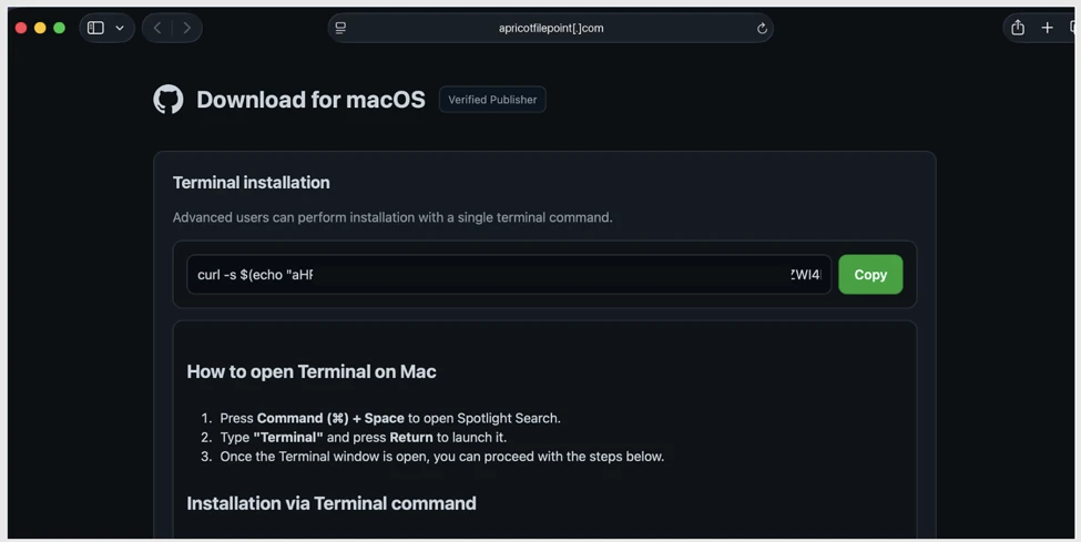 Microsoft Figure 1a。偽のVerified Publisher表示とmacOS向けダウンロード案内を見せる画面のスクリーンショット