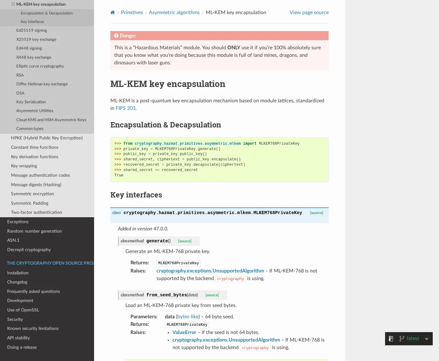 pyca/cryptography公式ドキュメントのML-KEM（鍵カプセル化）APIページ（出典: cryptography.io）